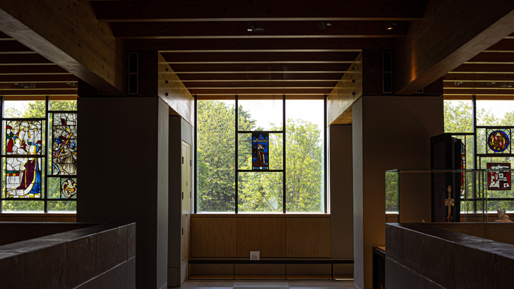 Photograph showing a stained glass panel of Beatrix Van Valkenburg