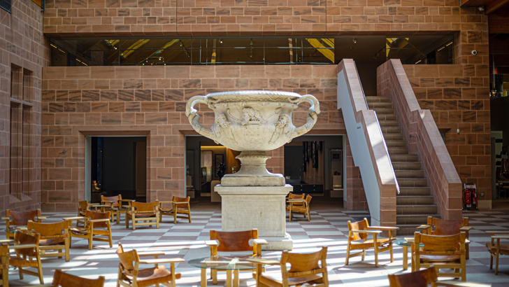 Photograph showing the Warwick Vase in the courtyard area of The Burrell Collection