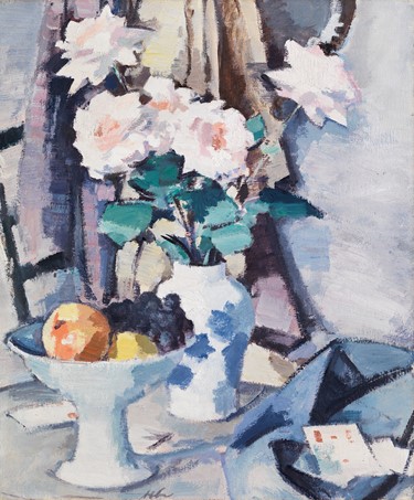 Oil painting from the Burrell Collection showing a table draped with a white cloth are arranged a Chinese blue and white vase with pink roses