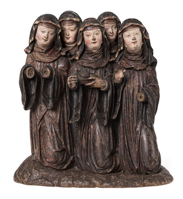 Coloured limewood carving of female figures The Singing Virgins from the Burrell Collection