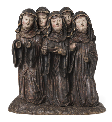 Coloured limewood carving of female figures The Singing Virgins from the Burrell Collection