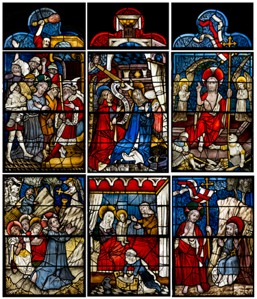 Burrell Collection image of a stained Glass Window featuring Life of Jesus Christ and the Virgin Mary