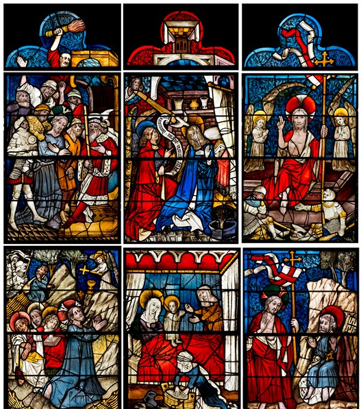 Burrell Collection image of a stained Glass Window featuring Life of Jesus Christ and the Virgin Mary