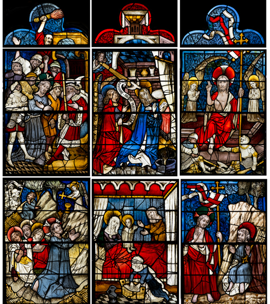 Burrell Collection image of a stained Glass Window featuring Life of Jesus Christ and the Virgin Mary