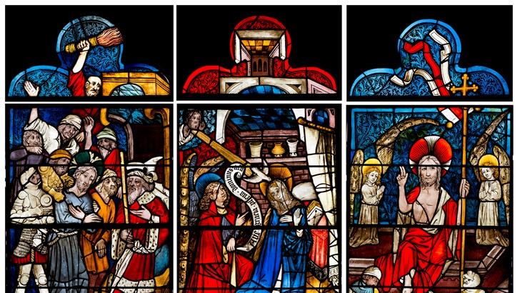 Burrell Collection image of a stained Glass Window featuring Life of Jesus Christ and the Virgin Mary