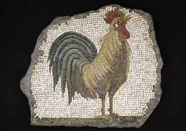 Mosaic fragment of a cock standing on the border 