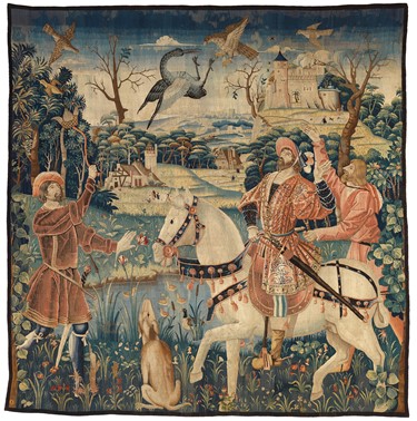 Tapestry from the Burrell Colelction depicting a Fight between a Falcon and a Heron