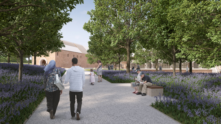 Artist impression of people walking into the museum